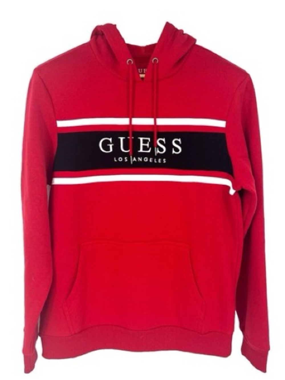 Guess Men’s Red Hoodie with Black and White Chest Panel - Medium